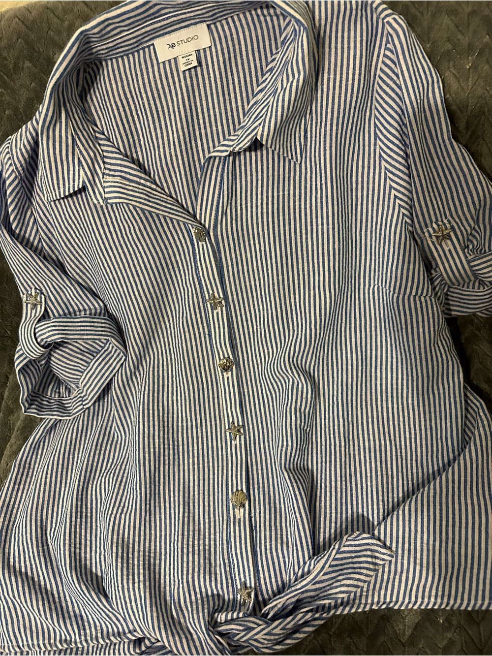 AB Studio Blue and White Striped Casual Button-Down Shirt